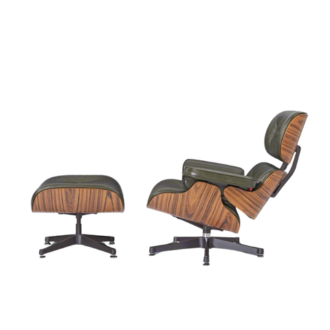 Deluxe Lounge Chair & Ottoman in Olive Green Waxed Leather and Rosewood Frame