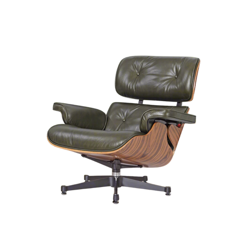 Deluxe Lounge Chair & Ottoman in Olive Green Waxed Leather and Rosewood Frame