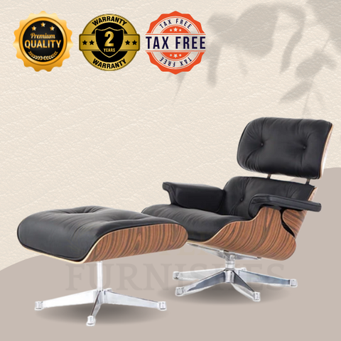 Designer Lounge Chair & Ottoman - Rosewood Veneer & Black Leather