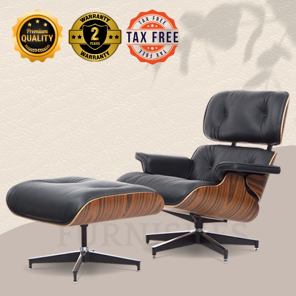 Designer Lounge Chair & Ottoman - Rosewood Veneer & Black Leather