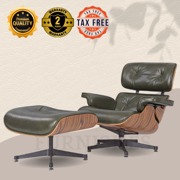Deluxe Lounge Chair & Ottoman in Olive Green Waxed Leather and Rosewood Frame