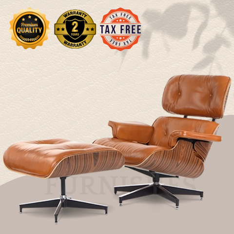 Designer Lounge Chair & Ottoman - Rosewood Veneer & Black Leather