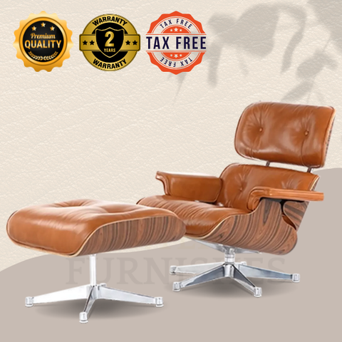 Designer Lounge Chair & Ottoman - Rosewood Veneer & Black Leather