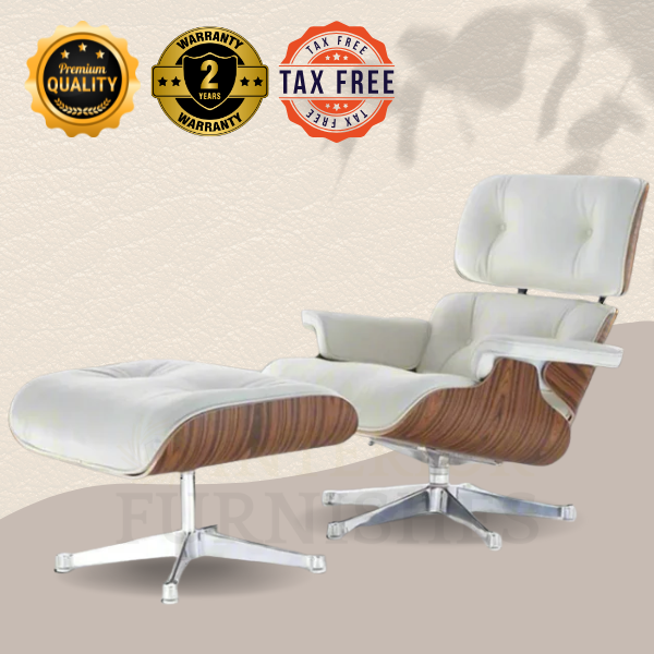 Eames Style Lounge Chair & Ottoman - White Leather, Rosewood Veneer & Chrome Base