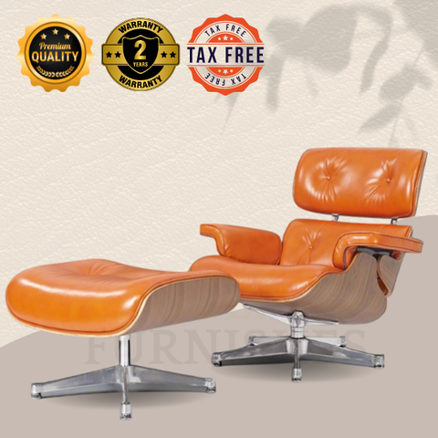 Luxe Lounge Chair & Ottoman in Camel Brown Waxed Leather and Walnut Wood