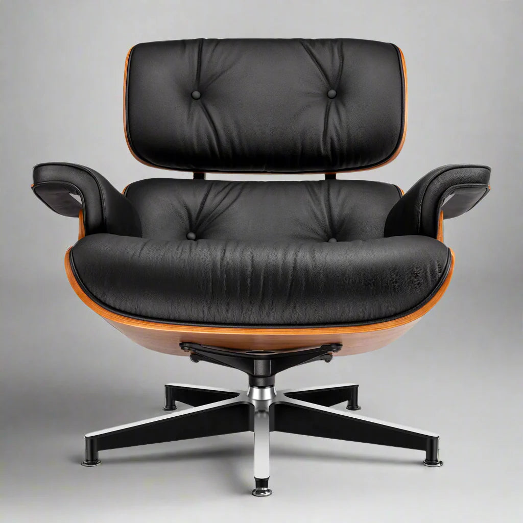 Eames Style XL Version Lounge Chair and Ottoman - Walnut wood Black and White leather