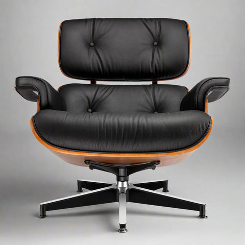 Eames Style XL Version Lounge Chair and Ottoman - Walnut wood Black and White leather