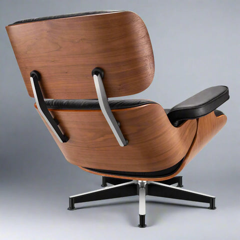 Eames Style XL Version Lounge Chair and Ottoman - Walnut wood Black and White leather