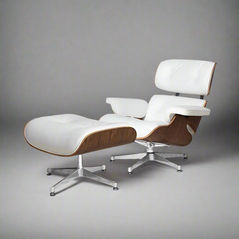 Mid-Century Modern Eames Lounge Chair & Ottoman Walnut Wood - White