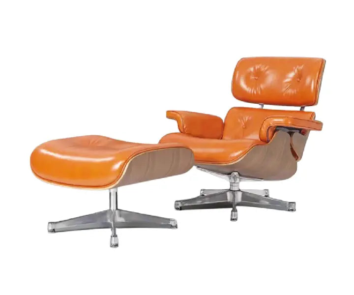 Luxe Lounge Chair & Ottoman in Camel Brown Waxed Leather and Walnut Wood