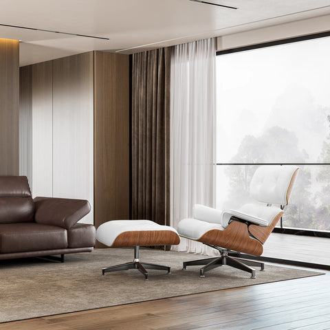 Eames Style XL Version Lounge Chair and Ottoman - Walnut wood Black and White leather