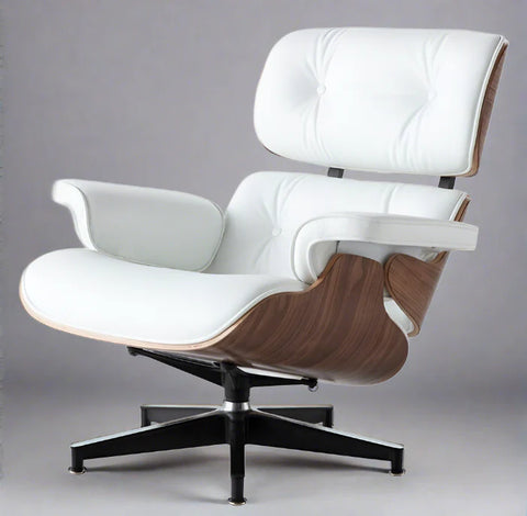 Eames Style XL Version Lounge Chair and Ottoman - Walnut wood Black and White leather