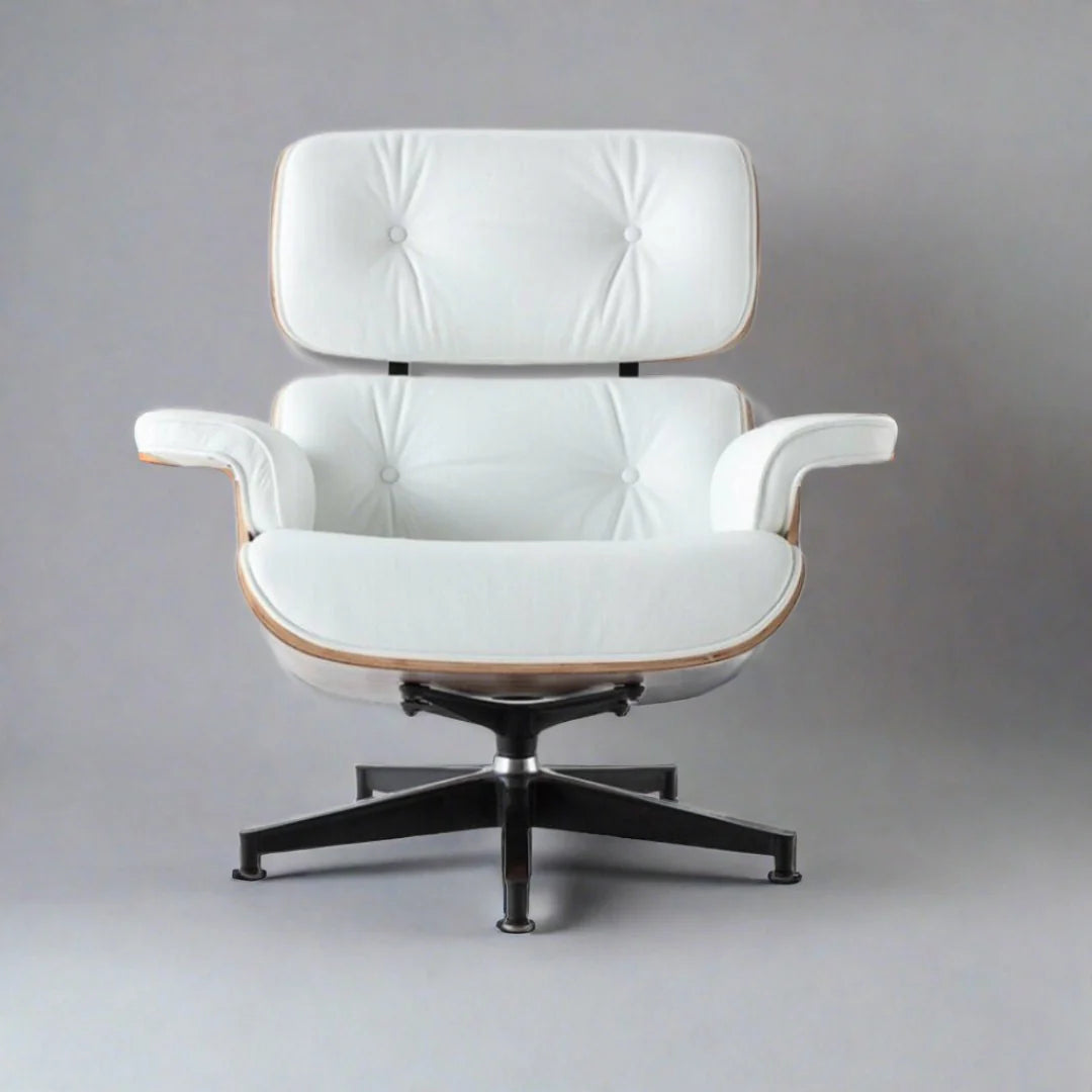 Eames Style XL Version Lounge Chair and Ottoman - Walnut wood Black and White leather