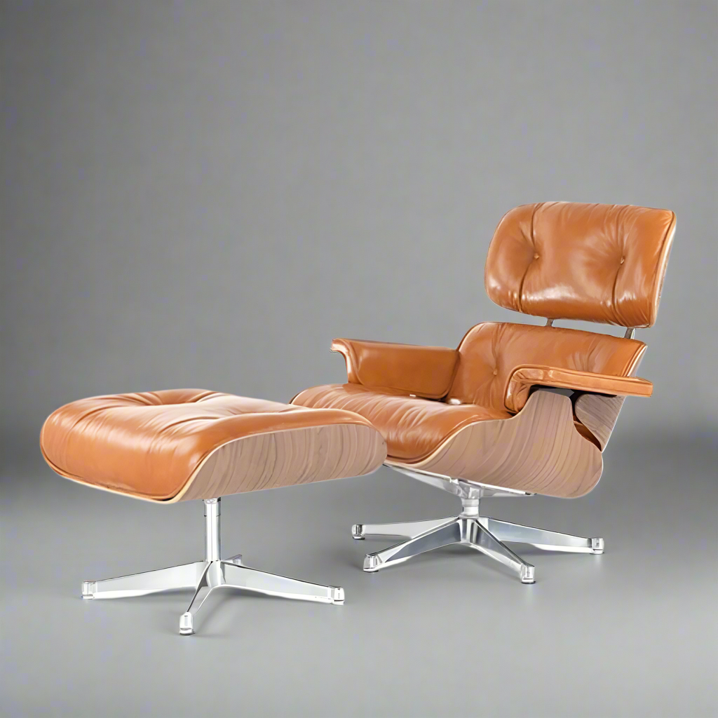 Mid-Century Modern Eames Lounge Chair & Ottoman Walnut Wood - Tan Brown