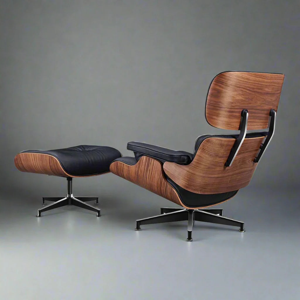 Eames Style XL Version Lounge Chair and Ottoman - Walnut wood Black and White leather