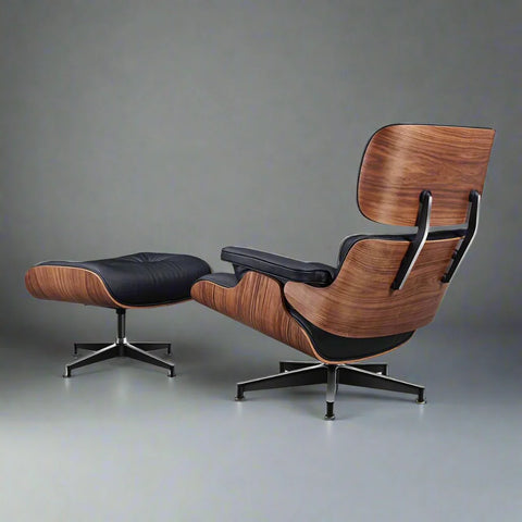 Eames Style XL Version Lounge Chair and Ottoman - Walnut wood Black and White leather