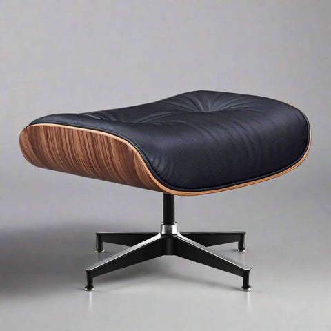 Eames Style XL Version Lounge Chair and Ottoman - Walnut wood Black and White leather