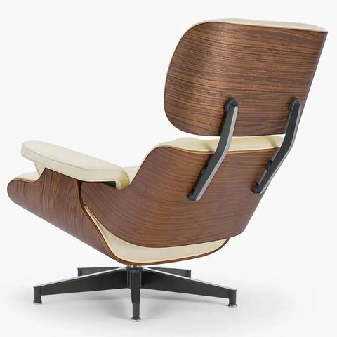Eames Style Lounge Chair & Ottoman - Ivory White Leather, Walnut Veneer