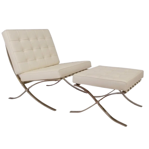 Premium Cream Barcelona Pavilion Chair with Ottoman Replica Interior Furnishes