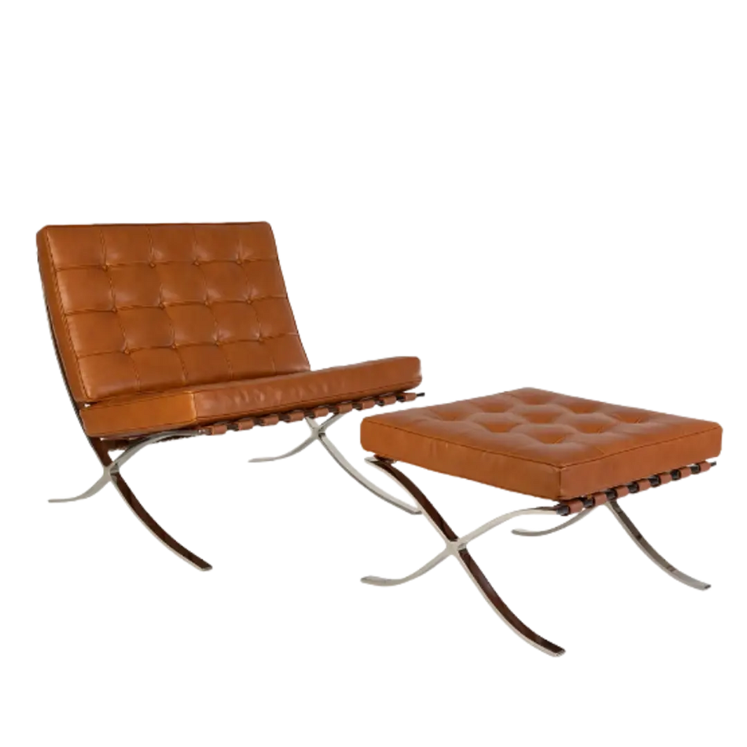 premium tan brown barcelona pavilion chair with ottoman - replica - Interior Furnishes