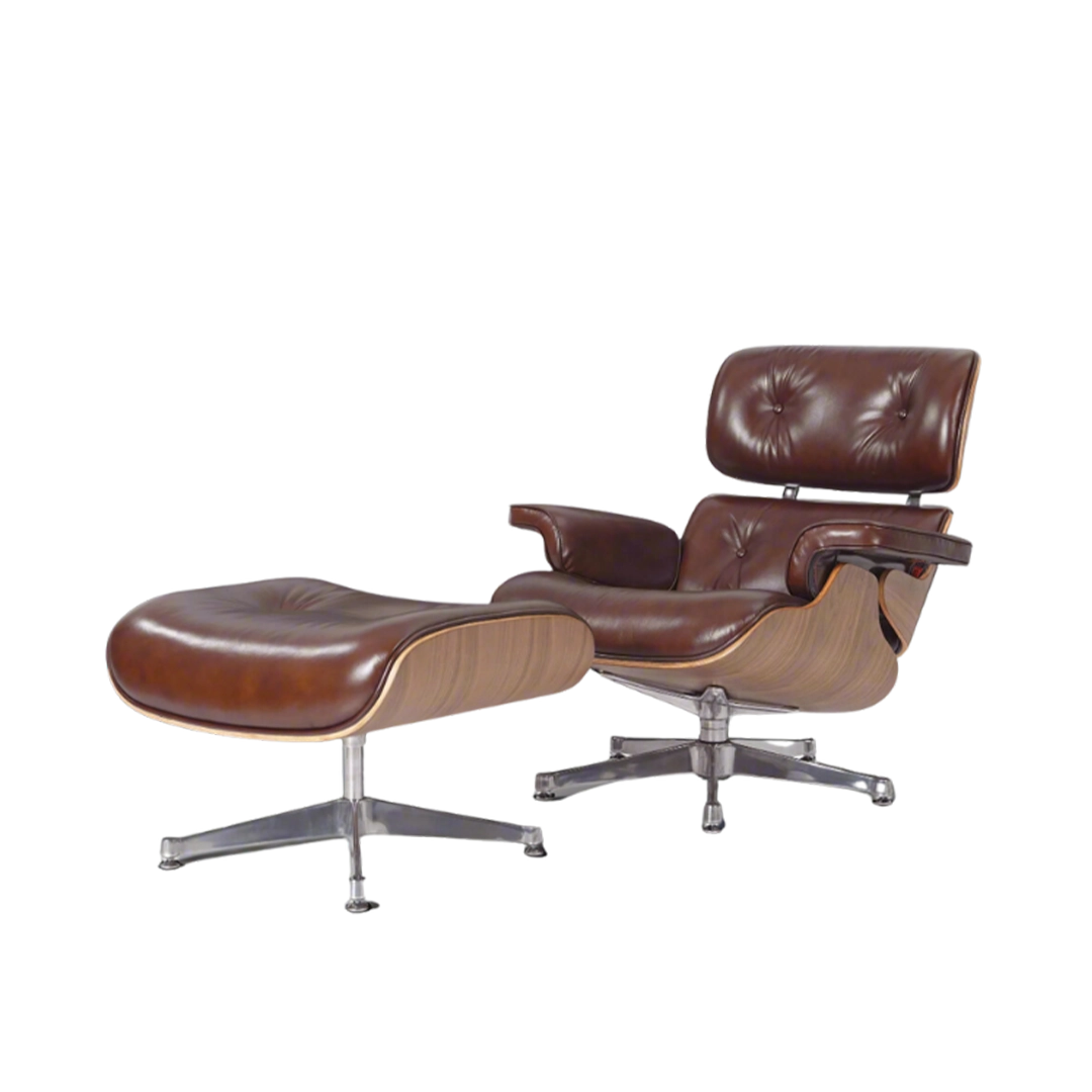 Classic Lounge Chair & Ottoman in Vintage Tan Waxed Leather and Walnut Finish