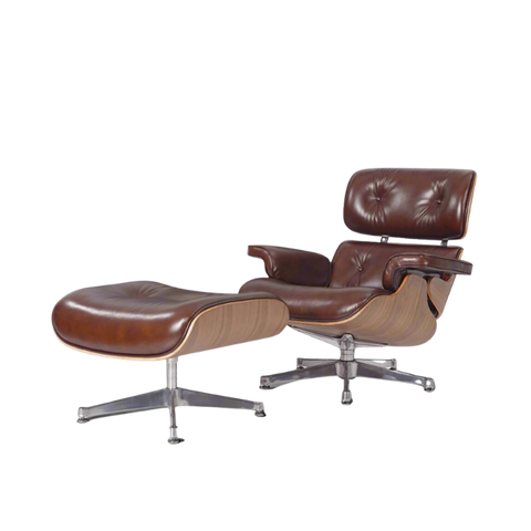 Classic Lounge Chair & Ottoman in Vintage Tan Waxed Leather and Walnut Finish