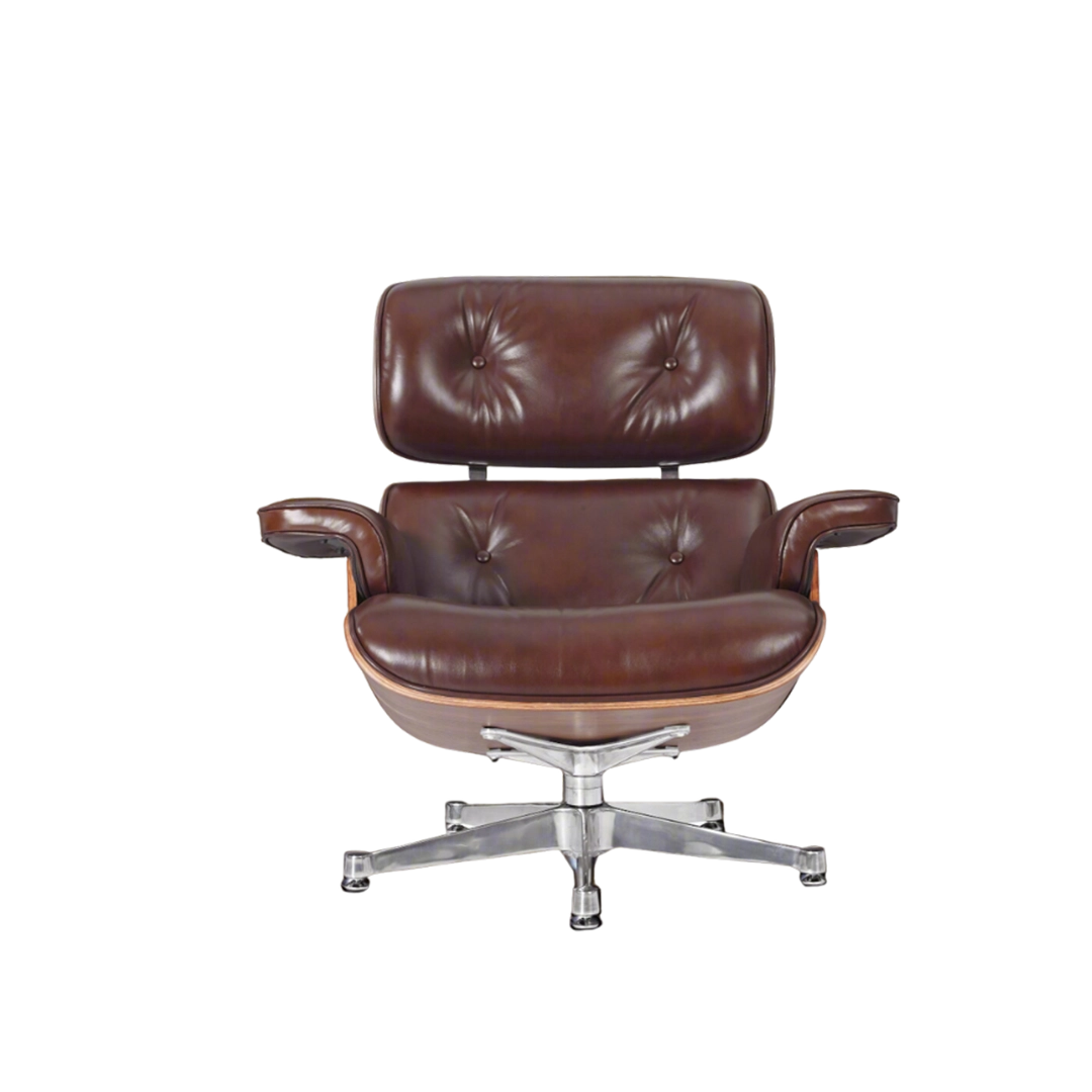 Classic Lounge Chair & Ottoman in Vintage Tan Waxed Leather and Walnut Finish