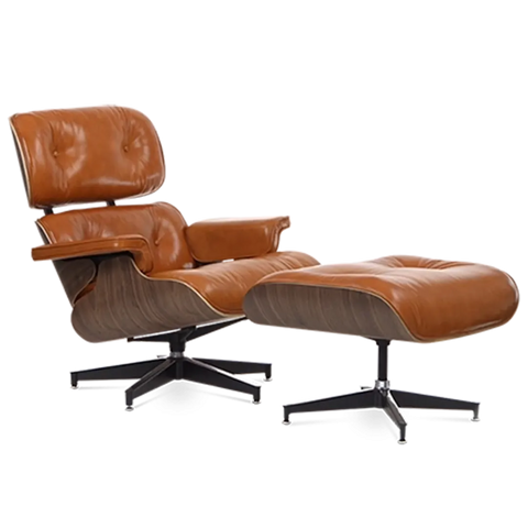 Eames Style Lounge Chair & Ottoman - Tan Brown Leather & Walnut Veneer