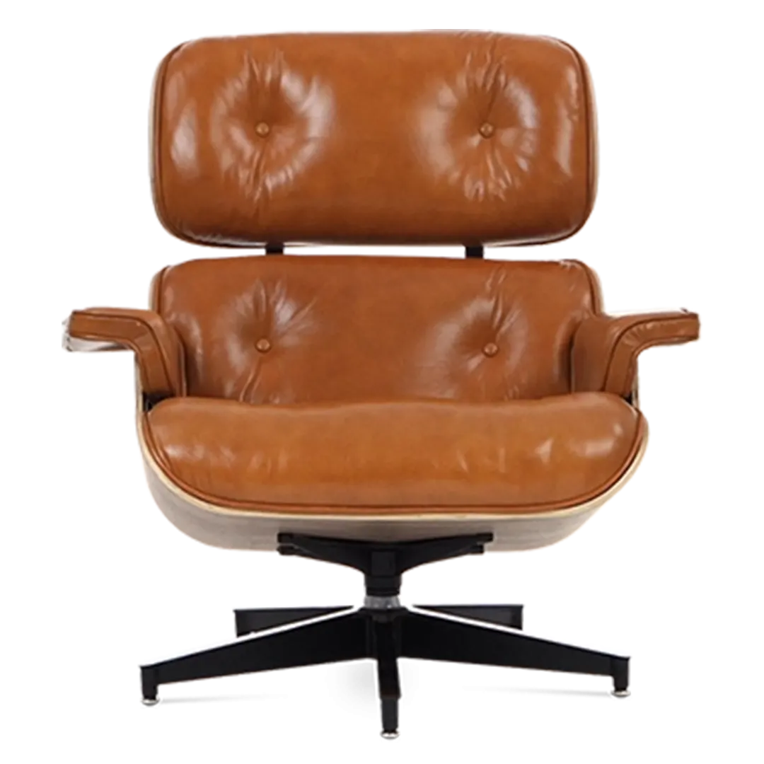 Eames Style Lounge Chair & Ottoman - Tan Brown Leather & Walnut Veneer