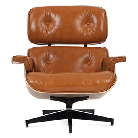 Eames Style Lounge Chair & Ottoman - Tan Brown Leather & Walnut Veneer