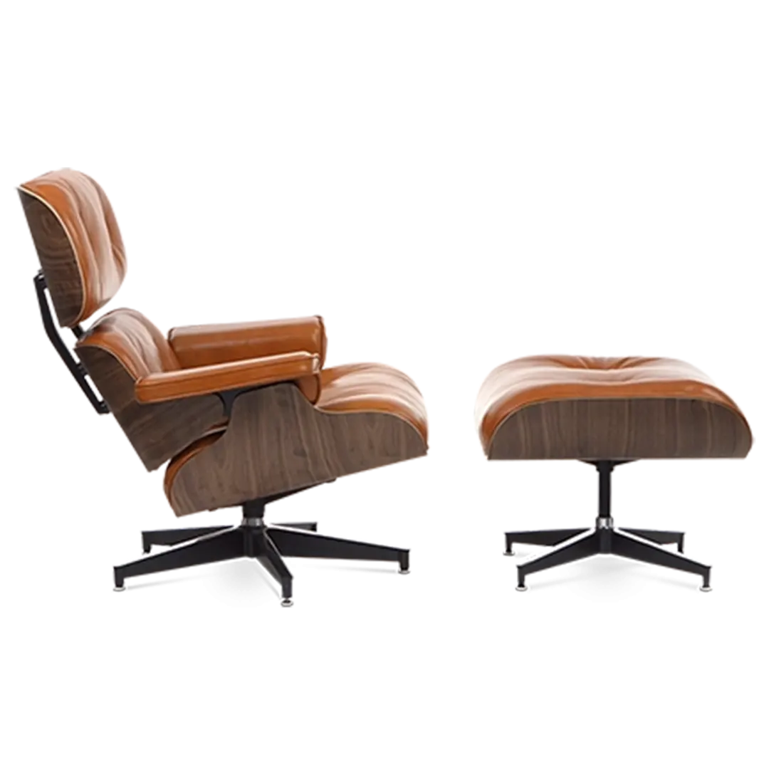 Eames Style Lounge Chair & Ottoman - Tan Brown Leather & Walnut Veneer