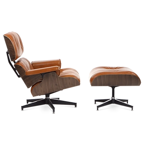 Eames Style Lounge Chair & Ottoman - Tan Brown Leather & Walnut Veneer