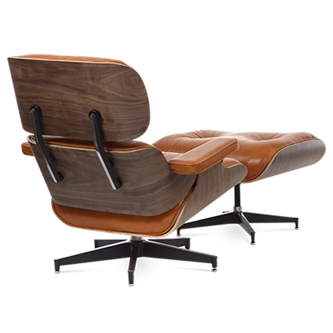 Eames Style Lounge Chair & Ottoman - Tan Brown Leather & Walnut Veneer