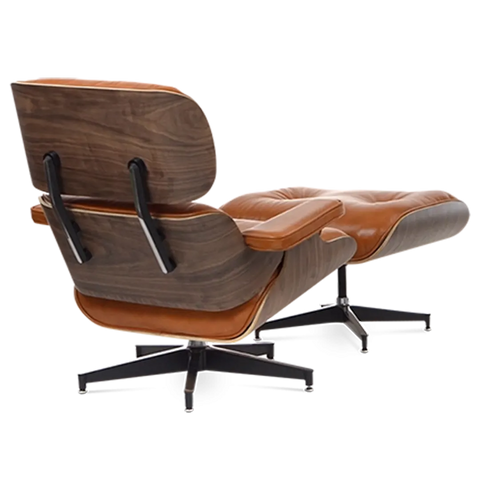 Eames Style Lounge Chair & Ottoman - Tan Brown Leather & Walnut Veneer