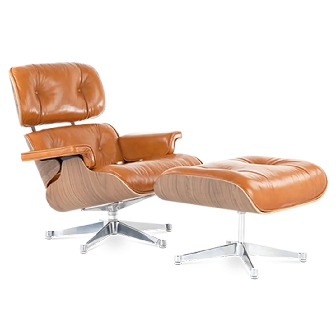 Eames Style Lounge Chair & Ottoman - Tan Brown Leather & Walnut Veneer