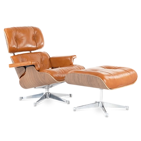 Eames Style Lounge Chair & Ottoman - Tan Brown Leather & Walnut Veneer