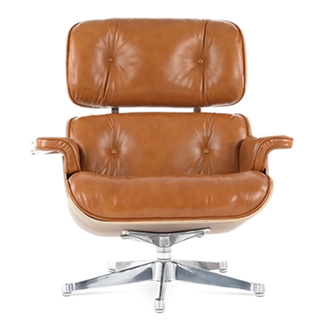 Eames Style Lounge Chair & Ottoman - Tan Brown Leather & Walnut Veneer