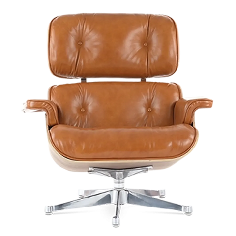 Eames Style Lounge Chair & Ottoman - Tan Brown Leather & Walnut Veneer