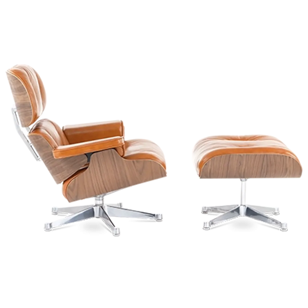 Eames Style Lounge Chair & Ottoman - Tan Brown Leather & Walnut Veneer