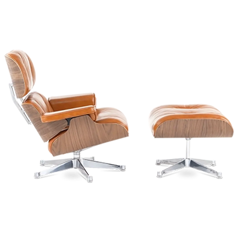 Eames Style Lounge Chair & Ottoman - Tan Brown Leather & Walnut Veneer