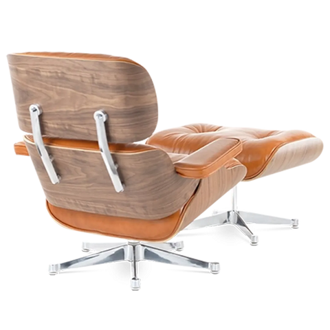 Eames Style Lounge Chair & Ottoman - Tan Brown Leather & Walnut Veneer