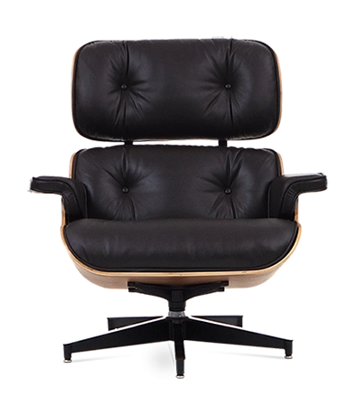 Designer Lounge Chair & Ottoman - Rosewood Veneer & Black Leather