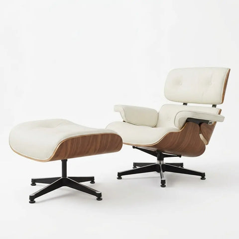 Eames Style Lounge Chair & Ottoman - Ivory White Leather, Walnut Veneer