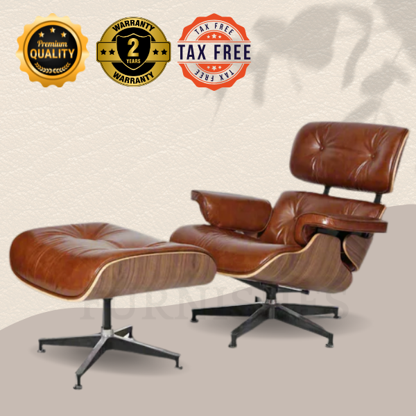 Iconic Eames Style Premium XL Lounge Chair and Ottoman - Walnut Wood | Waxed Vintage Tan
