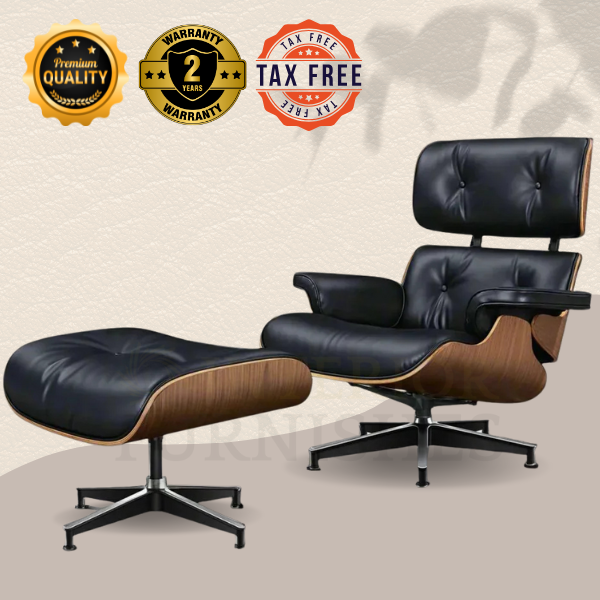 Eames Style XL Version Lounge Chair and Ottoman - Walnut wood Black and White leather