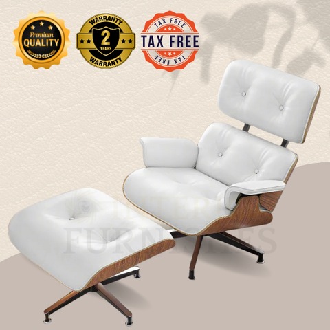 Eames Style XL Version Lounge Chair and Ottoman - Walnut wood Black and White leather