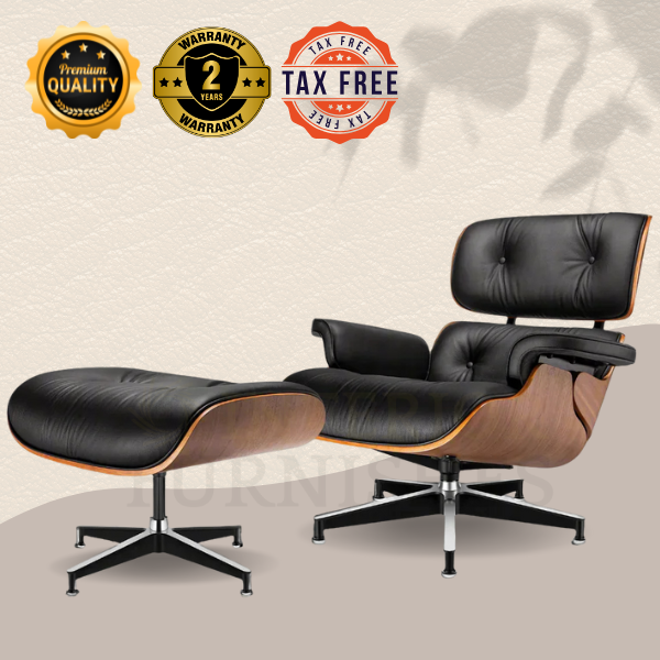 Eames Style XL Version Lounge Chair and Ottoman - Walnut wood Black and White leather