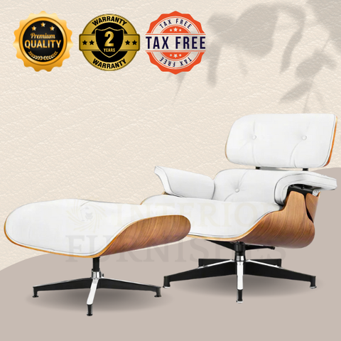 Eames Style XL Version Lounge Chair and Ottoman - Walnut wood Black and White leather