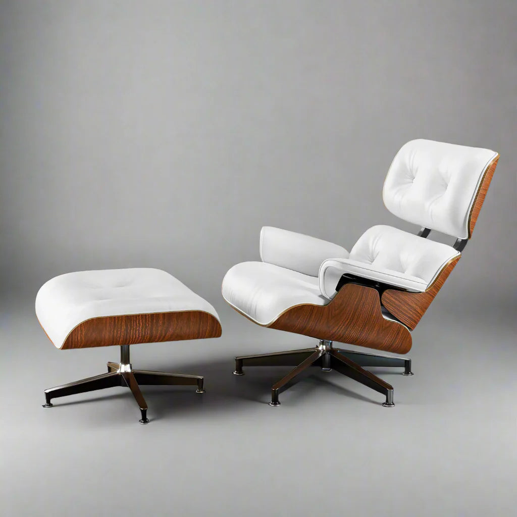 Eames Style XL Version Lounge Chair and Ottoman - Walnut wood Black and White leather