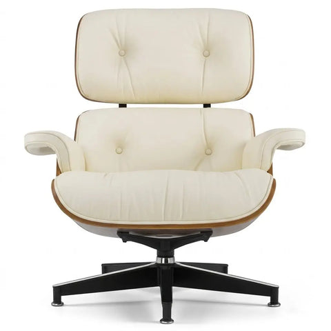 Eames Style Lounge Chair & Ottoman - Ivory White Leather, Walnut Veneer